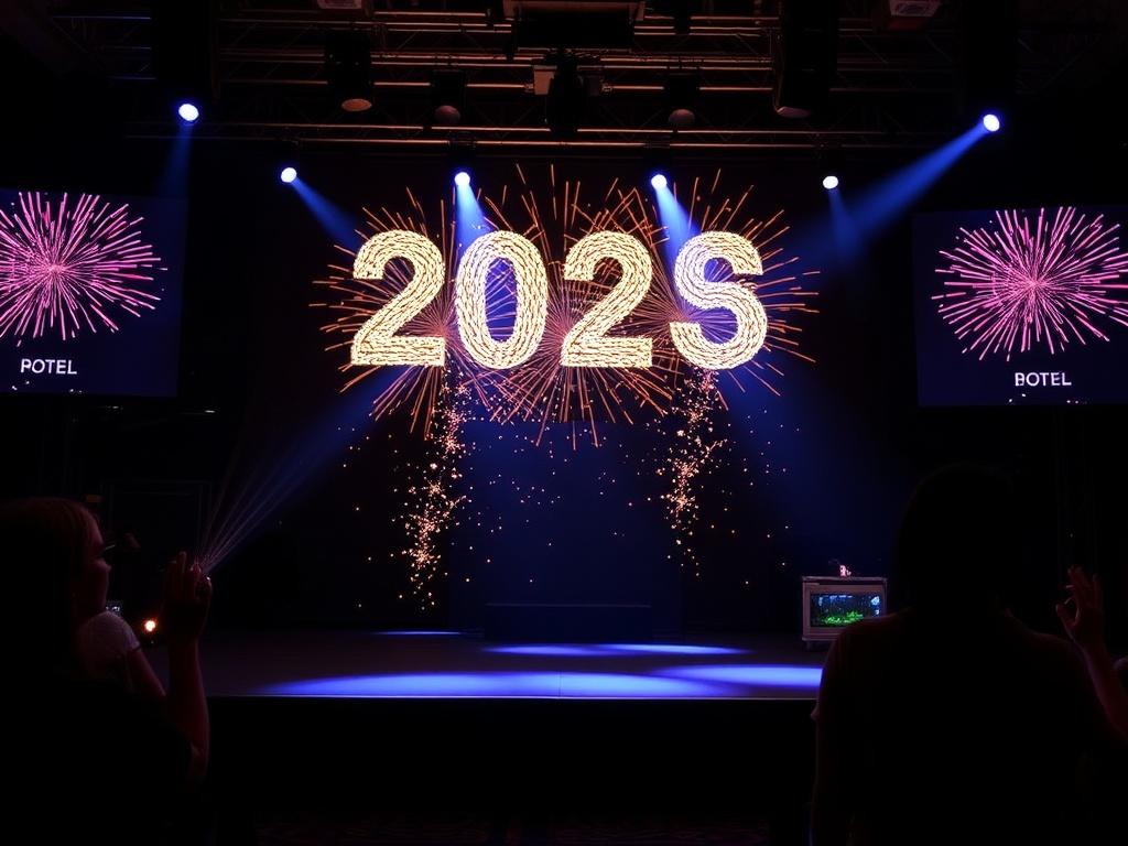 Корпоративный новый год на выезде. Техническое обеспечение: звук, свет, сцена